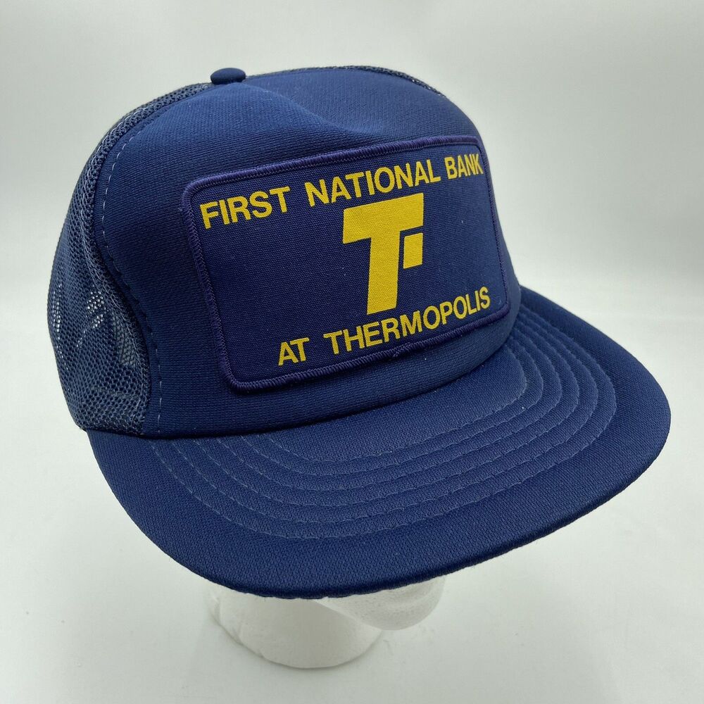 Vintage First National Bank At Thermopolis Hat Cap Snapback Mesh  SpellOut